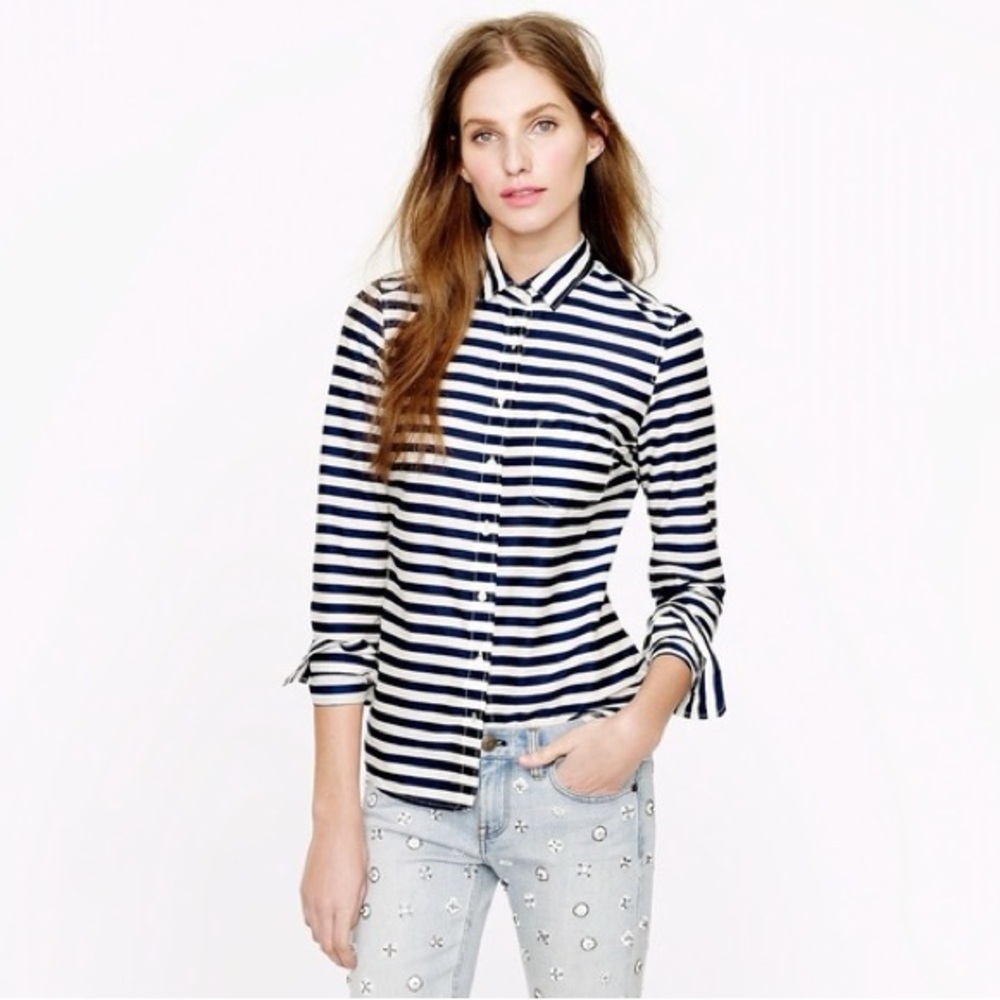J. Crew Boy Button Down Shirt Navy Blue White Stripes Nautical 100% Cotton sz 8